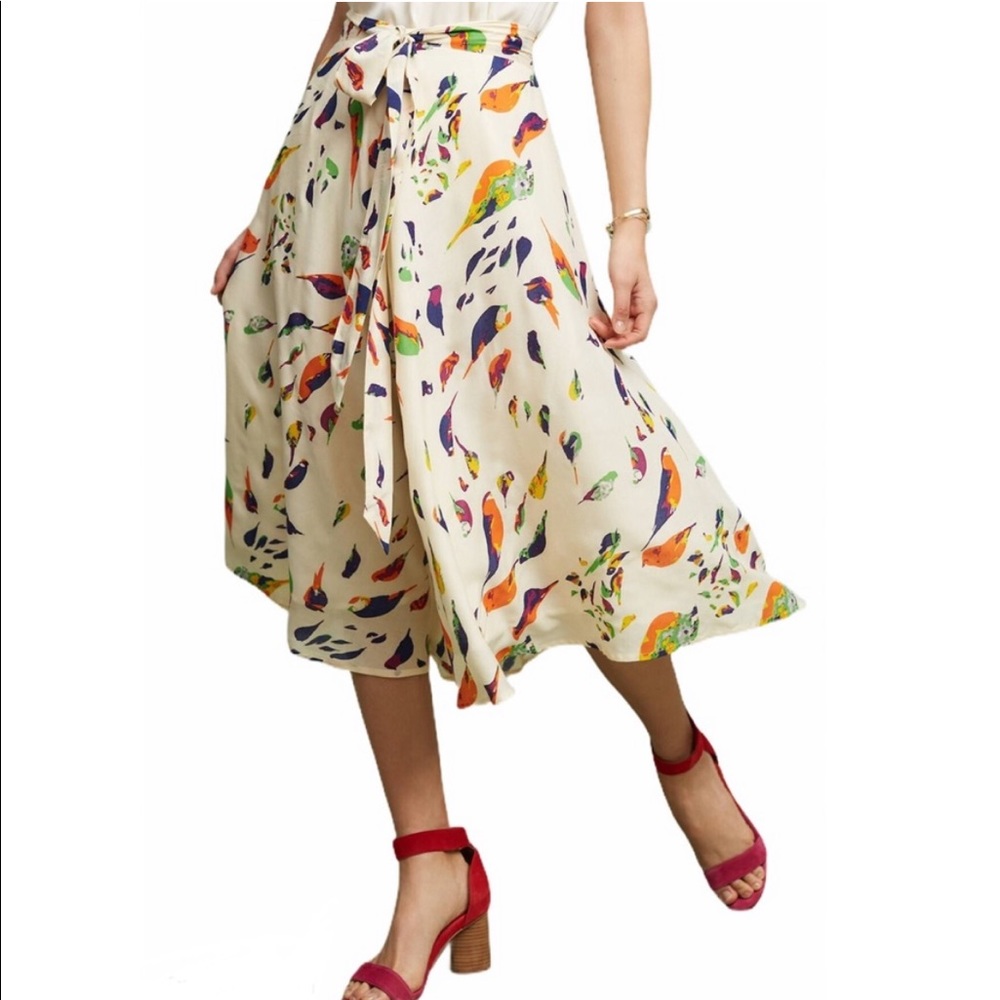 Anthropologie Cream A-Line Skirt with Multicolor Bird Print